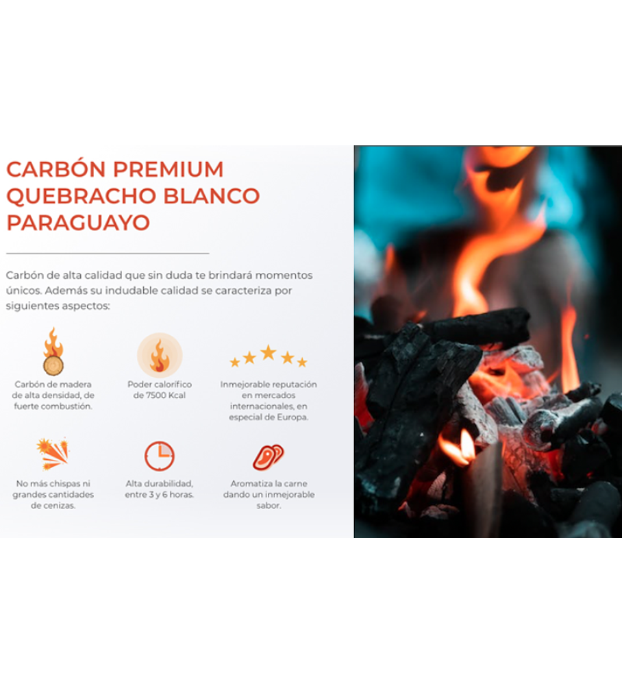 Carbón Premium Quebracho Blanco Paraguayo AdB (Saco de 15 Kgs, compuesto por 6 Bolsas de Papel de 2,5 Kgs)