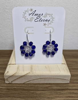 Aros Alambrismo Flor Cristales Azul (Plateado)