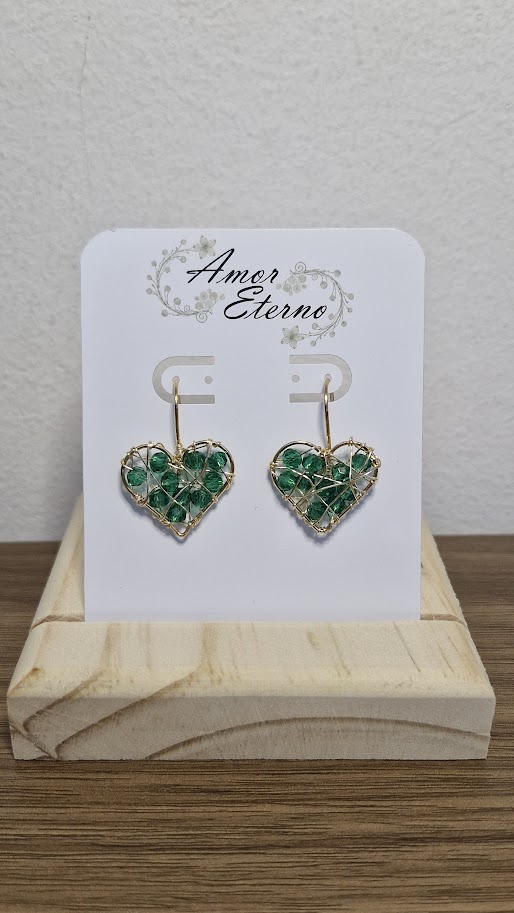 Aros Alambrismo Corazón Cristales verde esmeralda (Dorado)