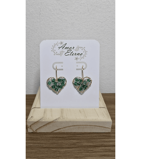 Aros Alambrismo Corazón Cristales verde esmeralda (Dorado)