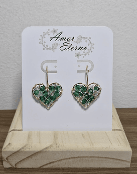 Aros Alambrismo Corazón Cristales verde esmeralda (Dorado)