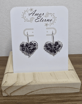 Aros Alambrismo Corazón Cristales Morados (Plateado)