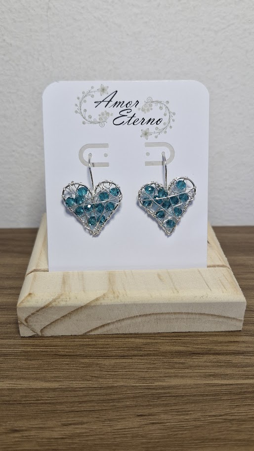 Aros Alambrismo Corazón Cristales turquesa oscuro (Plateado)