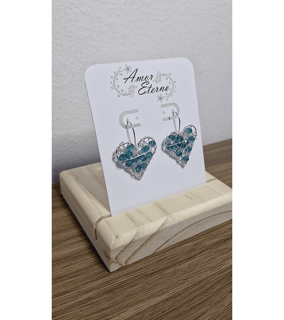 Aros Alambrismo Corazón Cristales turquesa oscuro (Plateado)