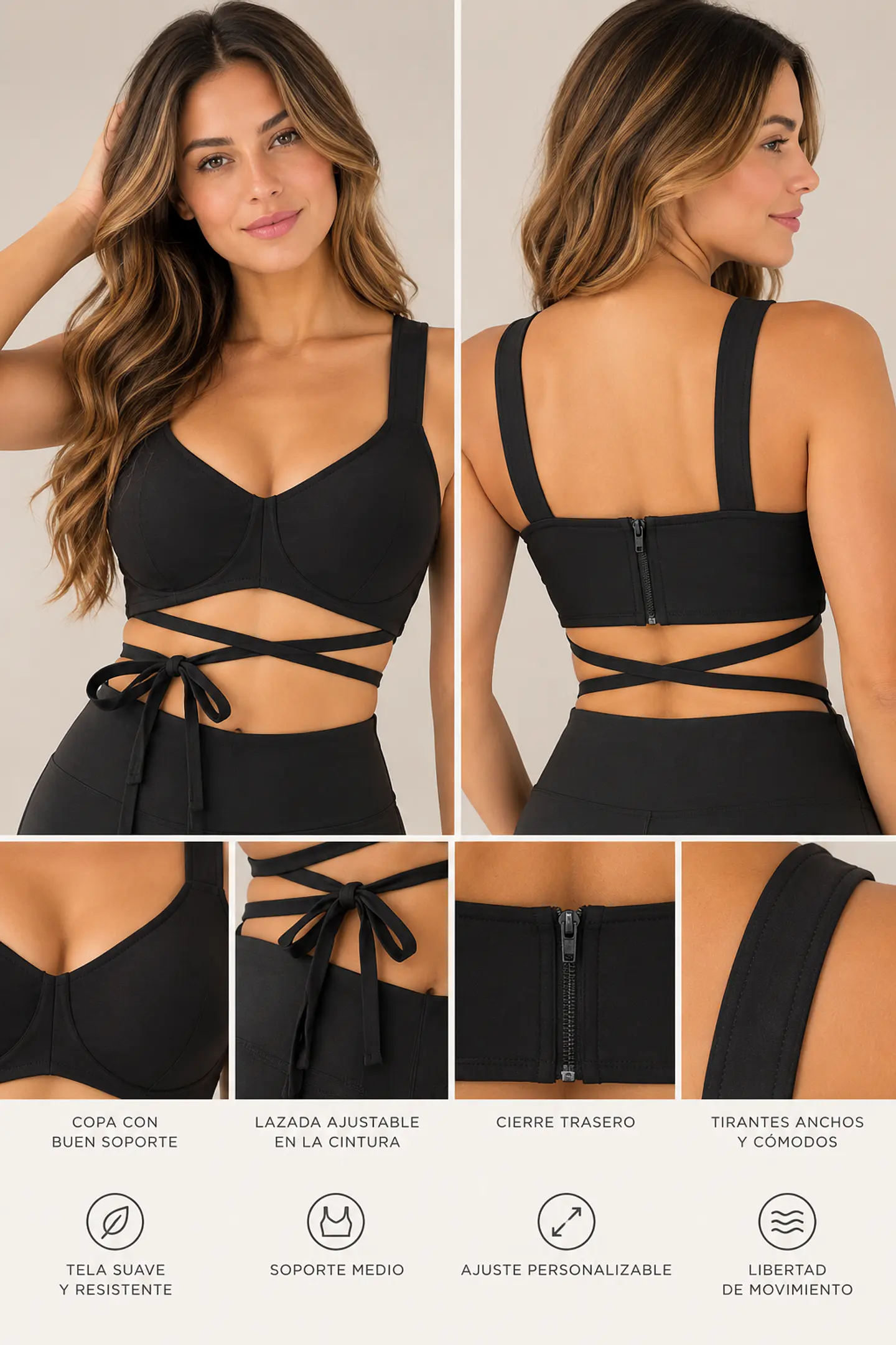 Crop Top Mujer Negro con Lazada Ajustable 1