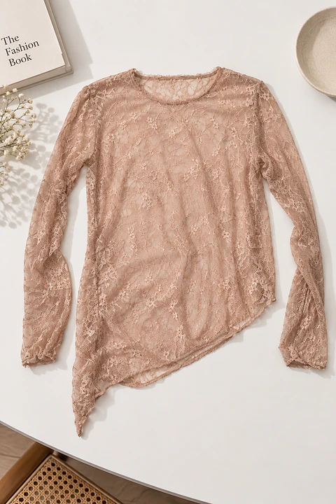 Blusa Mujer de Encaje Manga Larga Asimetrica