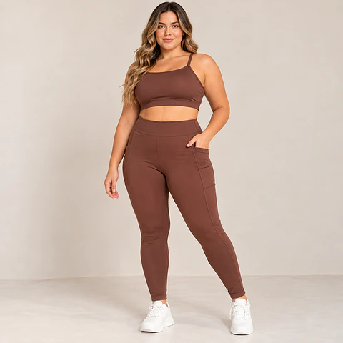 Conjunto Deportivo Mujer Café con Top y Calza | Talla GG 42-44