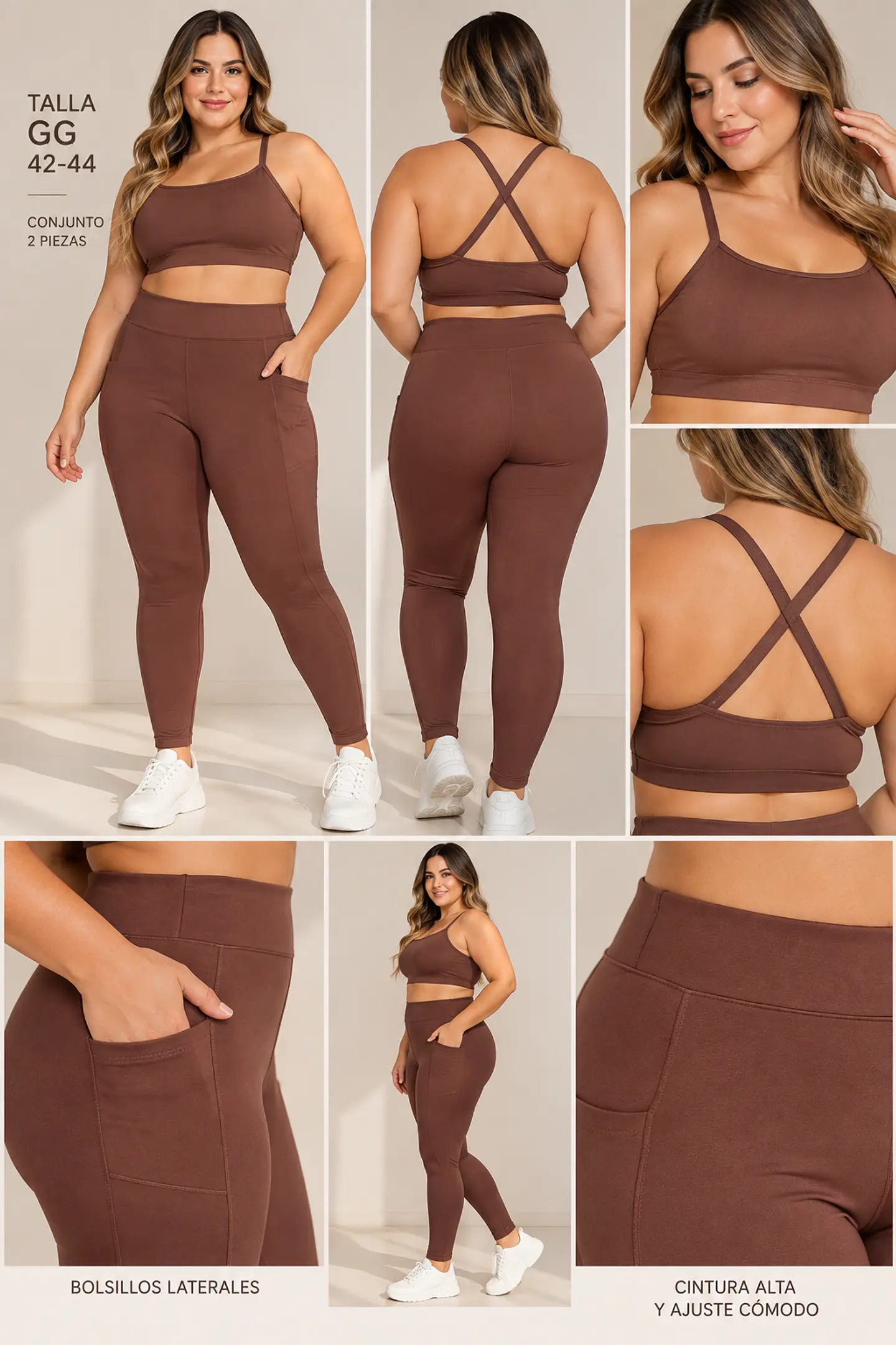 Conjunto Deportivo Mujer Café con Top y Calza | Talla GG 42-44 3