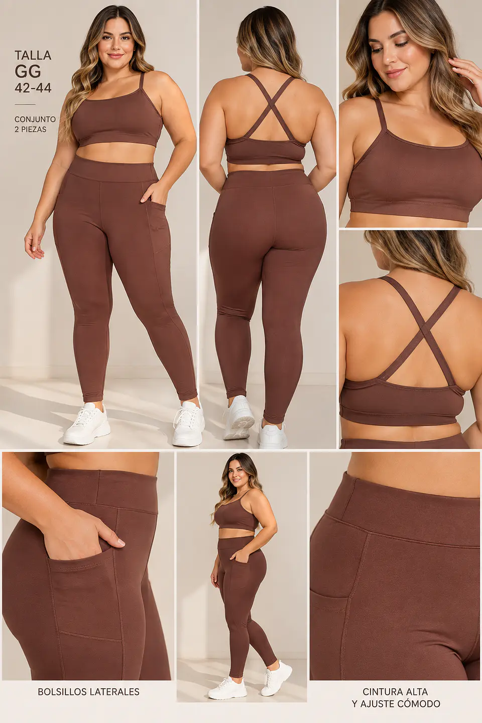 Conjunto Deportivo Mujer Café con Top y Calza | Talla GG 42-44 3