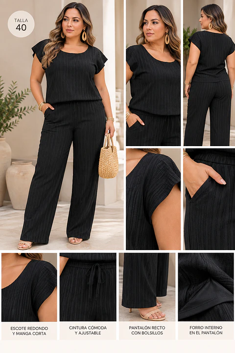 Conjunto Daniela Mujer Negro Textura Plisada | Pantalón Recto