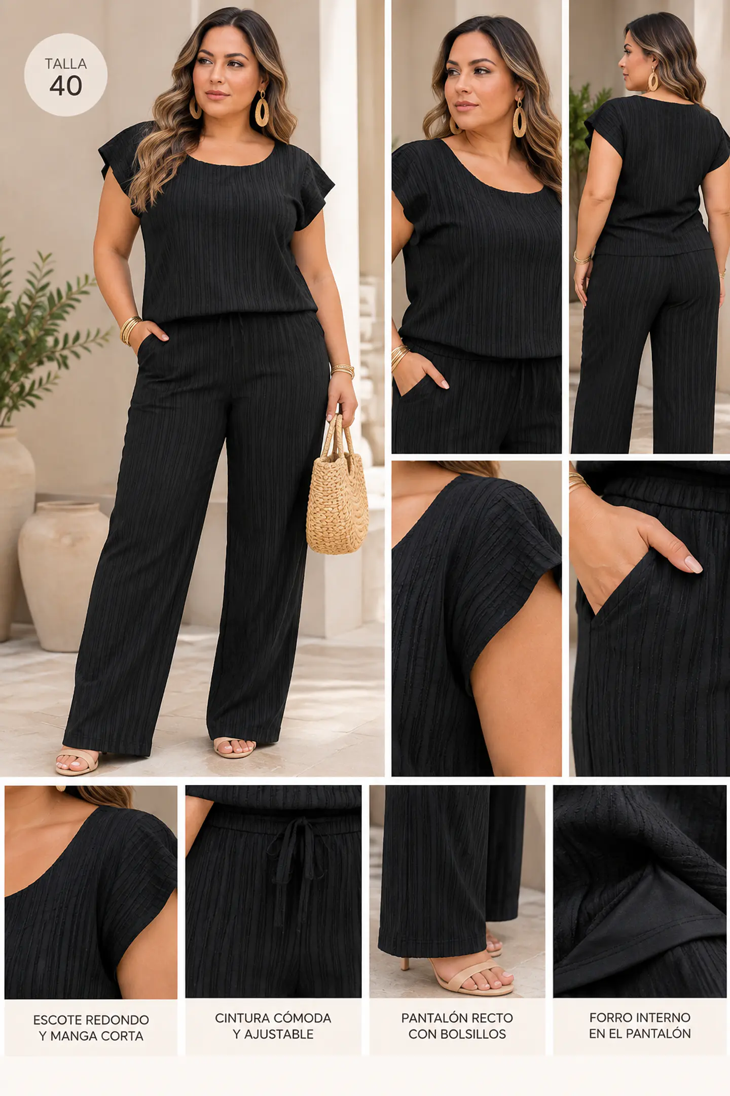 Conjunto Daniela Mujer Negro Textura Plisada | Pantalón Recto 2