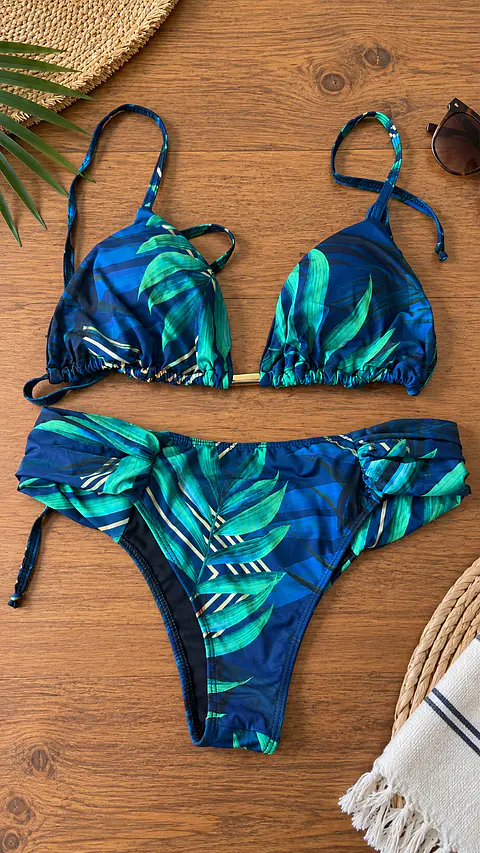 Bikini Mujer Estampado Tropical Azul y Verde | Talla GG (L-XL)