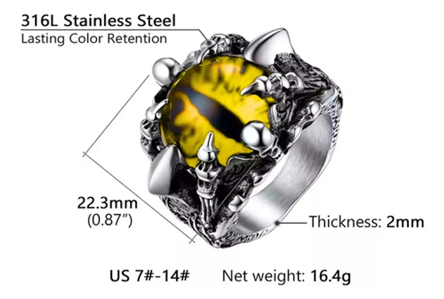 Anillo Color Plata Ojo Dragón Cráneo Acero Inoxidable Hombre 3