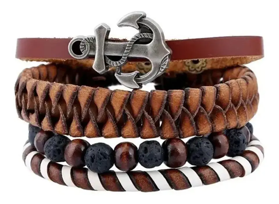 Manilla Pulsera Brazalete Cuentas Cuero Hombre Mujer Moda 10