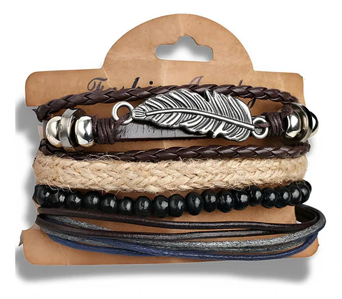 Set 4 Pulseras para Hombre y mujer Manillas Cuero Pluma 