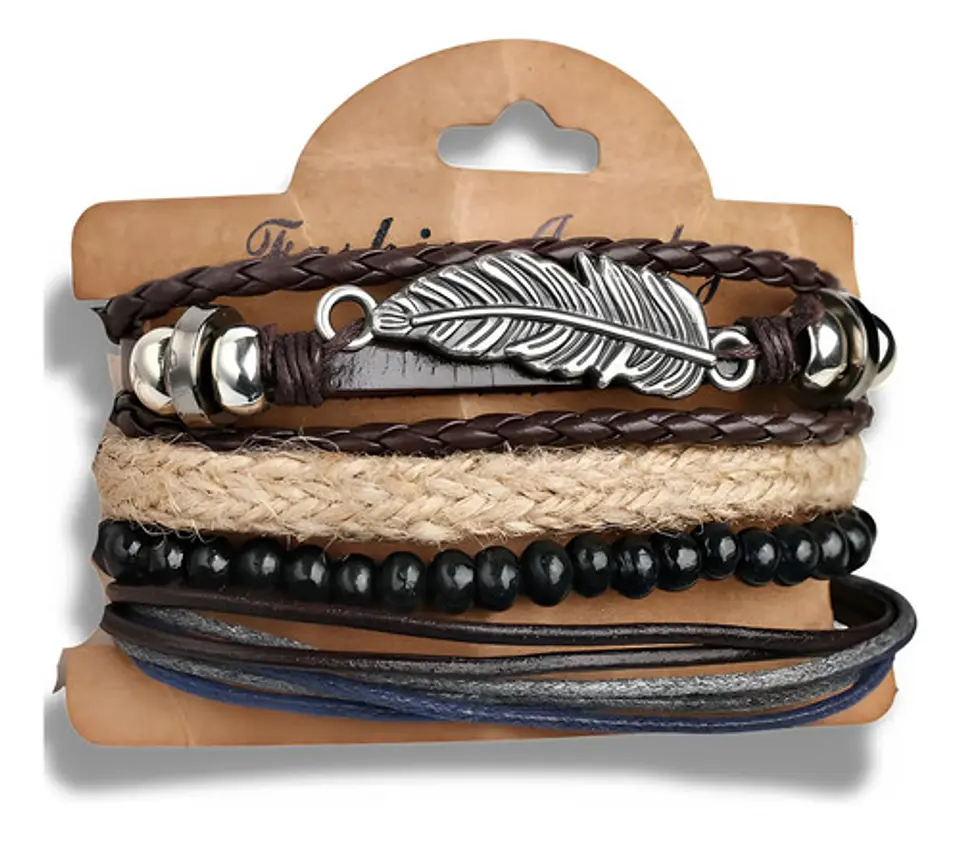 Set 4 Pulseras para Hombre y mujer Manillas Cuero Pluma  1