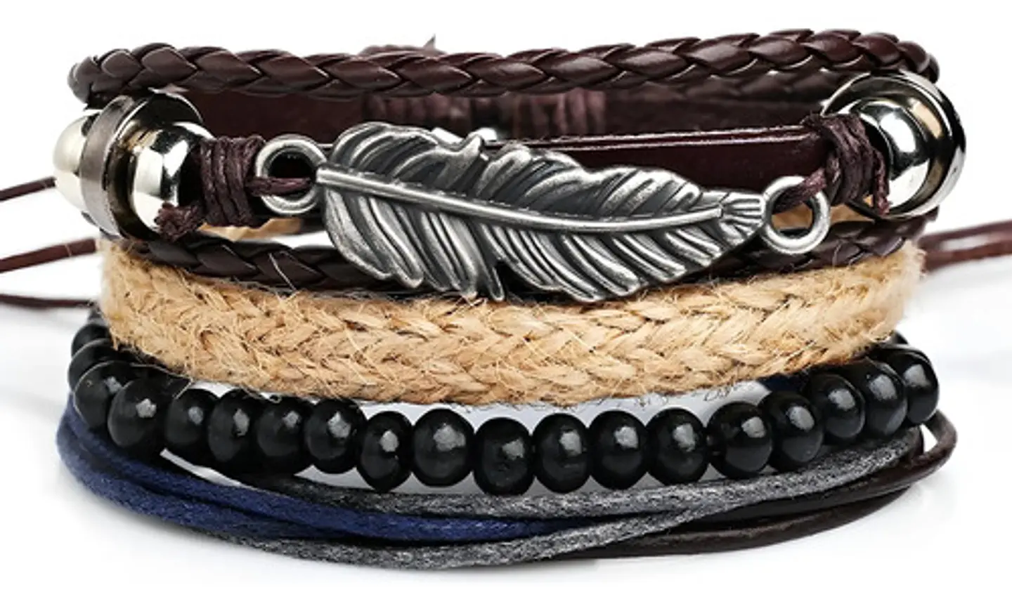 Set 4 Pulseras para Hombre y mujer Manillas Cuero Pluma  2