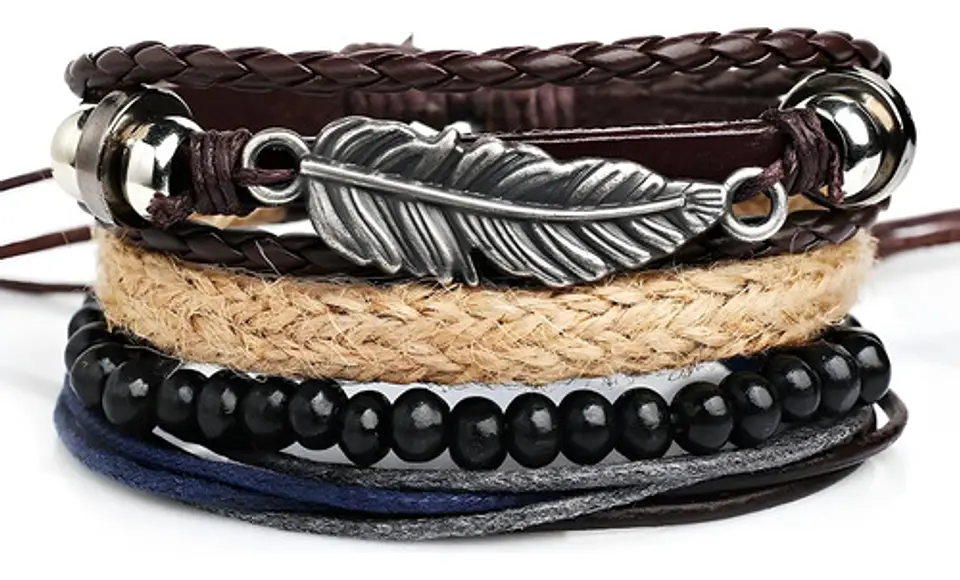 Set 4 Pulseras para Hombre y mujer Manillas Cuero Pluma  2