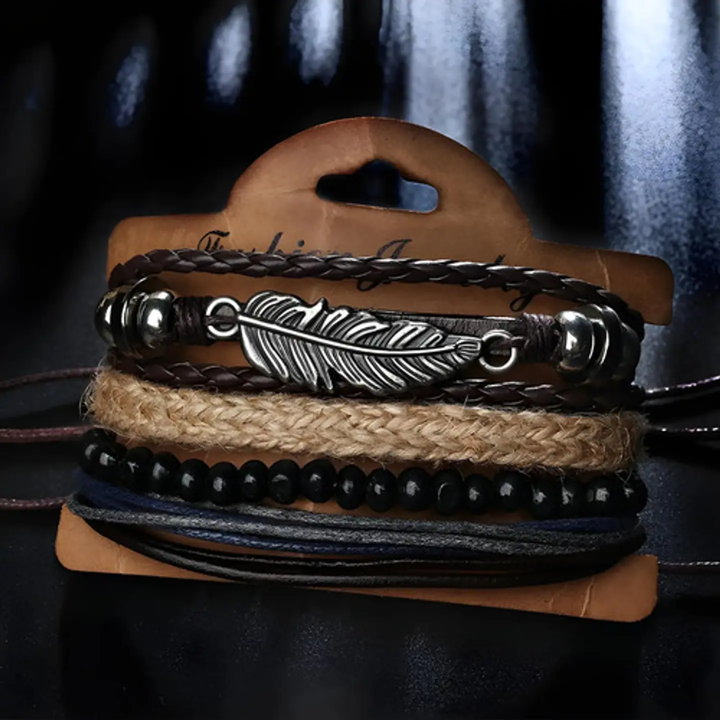 Set 4 Pulseras para Hombre y mujer Manillas Cuero Pluma  3