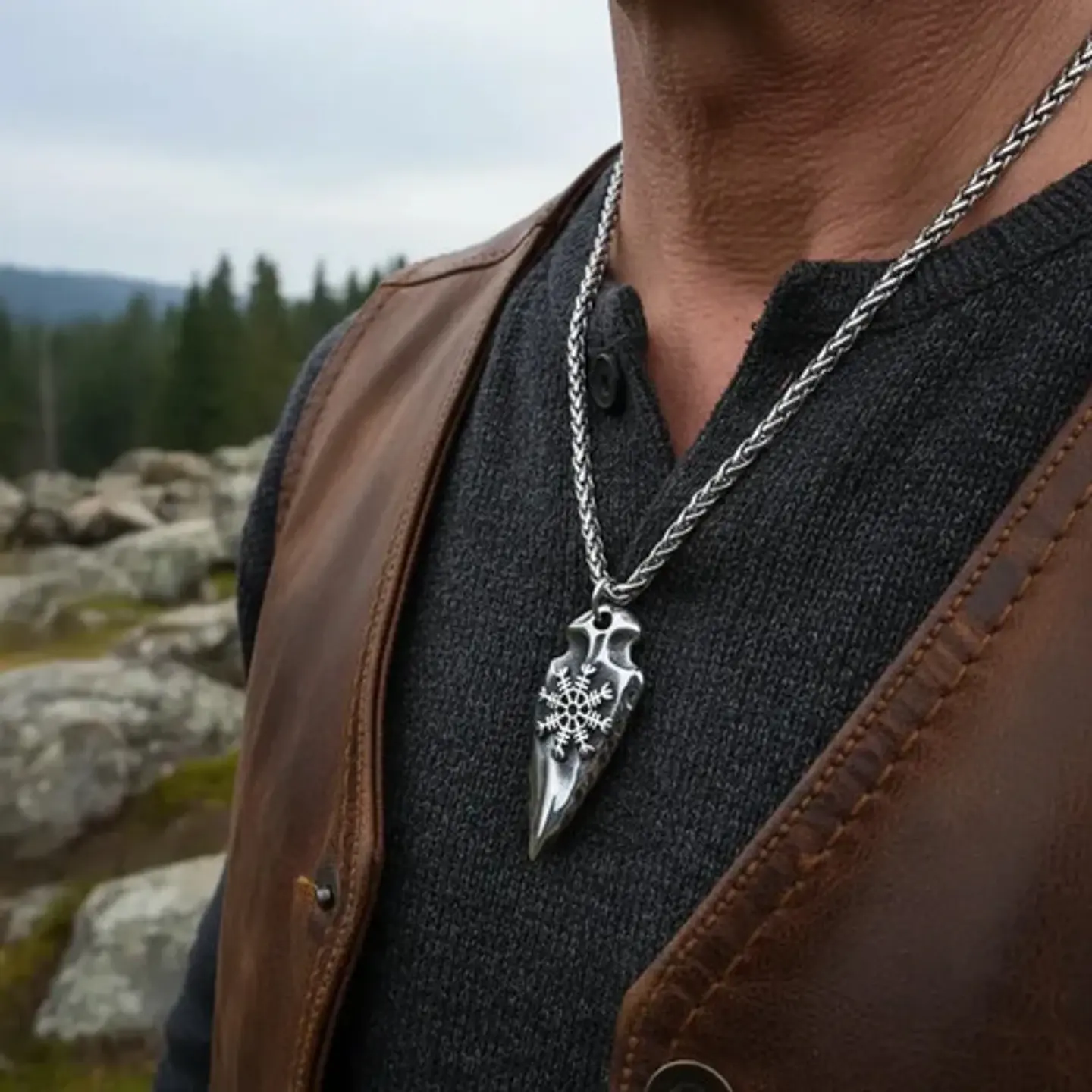 Collar Vikingo En Acero Para Hombre Cadena Dije Aegishjalmur 3