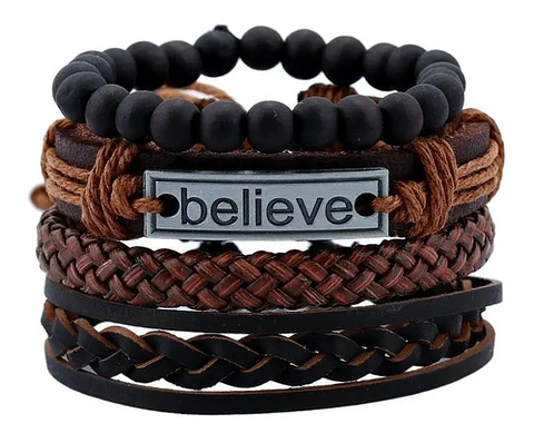Set de 4 Manillas de Cuero para Hombre Mujer Pulsera Cuentas Believe