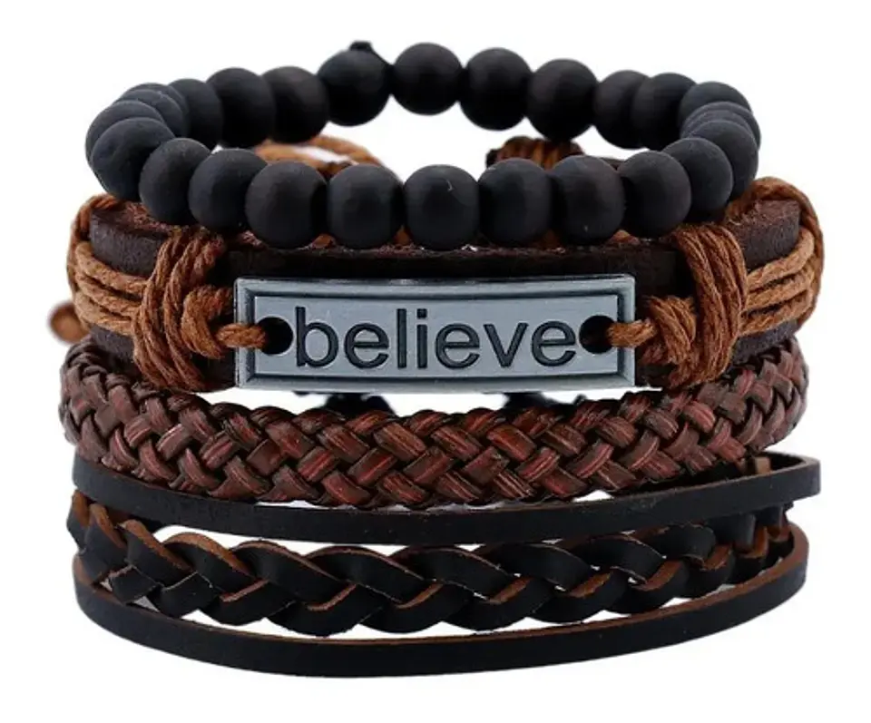 Set de 4 Manillas de Cuero para Hombre Mujer Pulsera Cuentas Believe 1