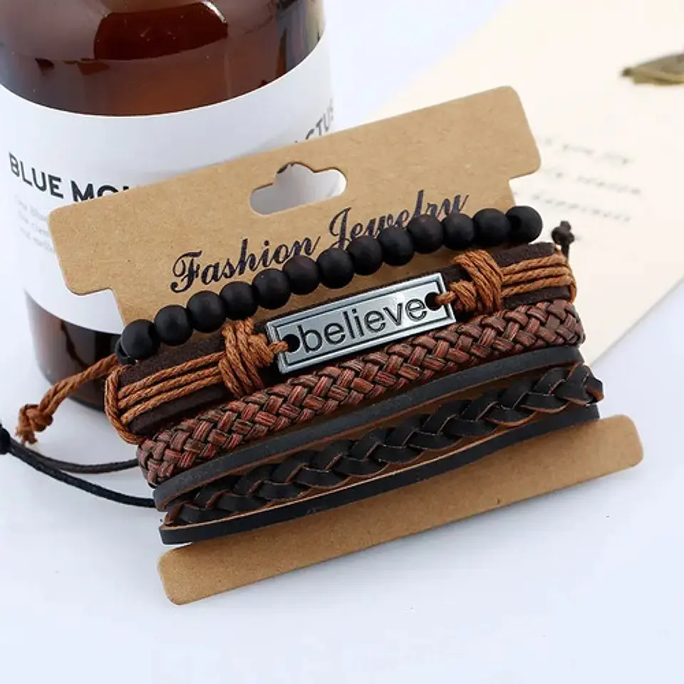 Set de 4 Manillas de Cuero para Hombre Mujer Pulsera Cuentas Believe 4