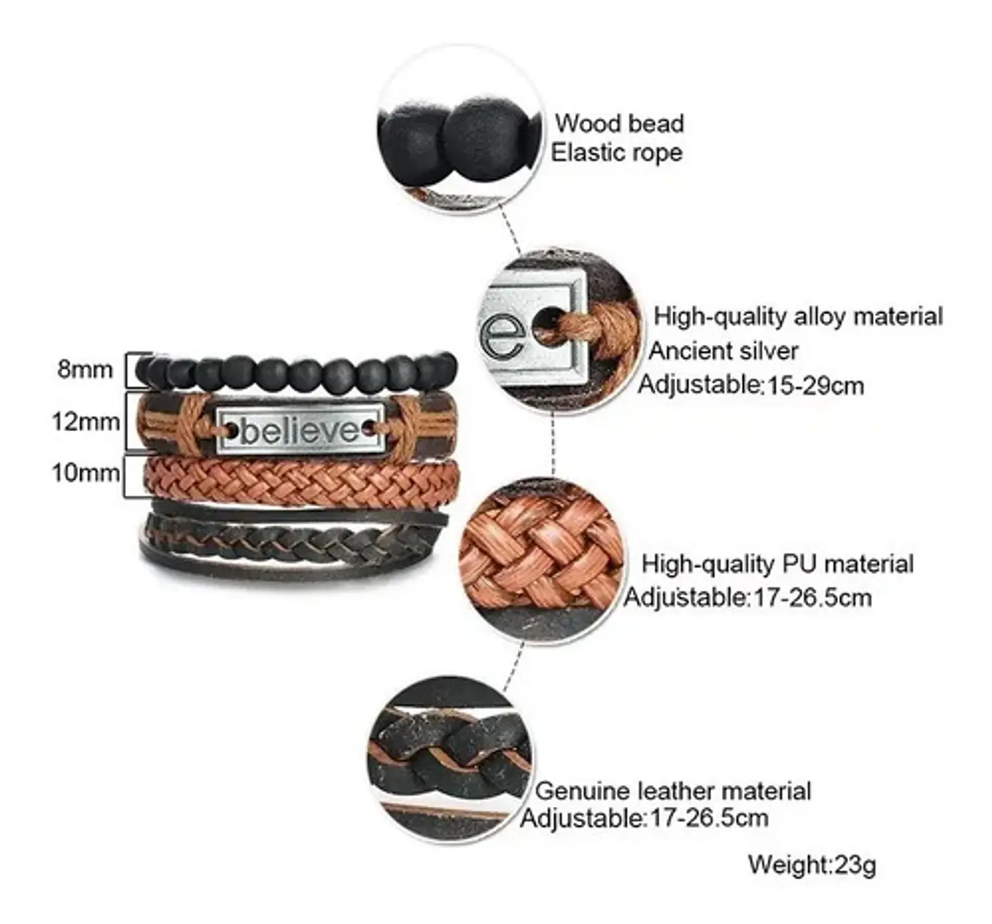 Set de 4 Manillas de Cuero para Hombre Mujer Pulsera Cuentas Believe 7