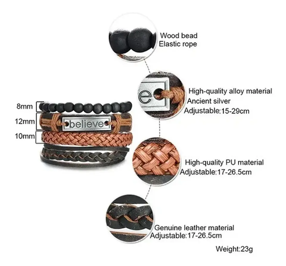 Set de 4 Manillas de Cuero para Hombre Mujer Pulsera Cuentas Believe 7