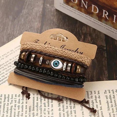 Pack X4 Manillas de cuero Para Hombre y Mujer Pulsera Ojo Turco