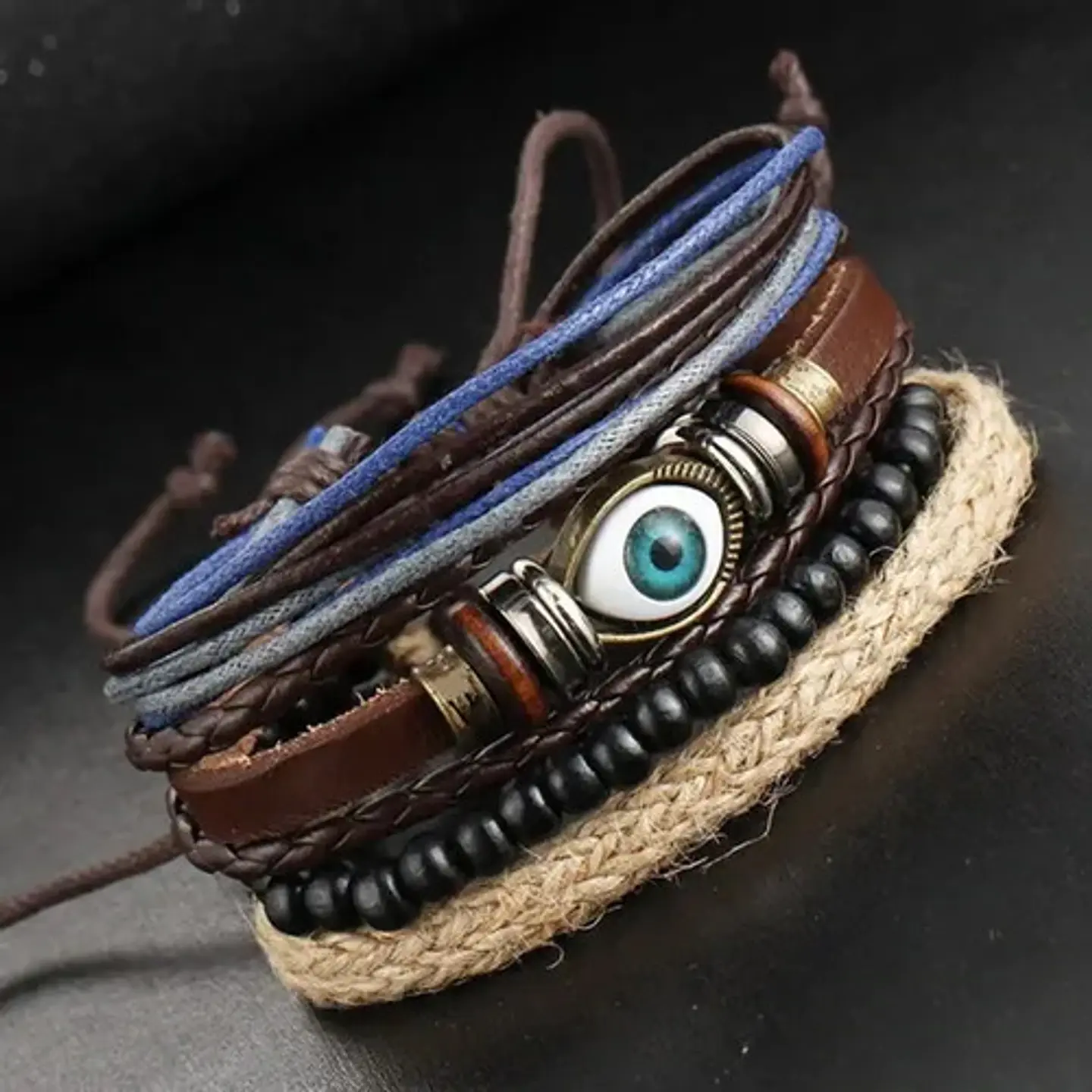 Pack X4 Manillas de cuero Para Hombre y Mujer Pulsera Ojo Turco 3