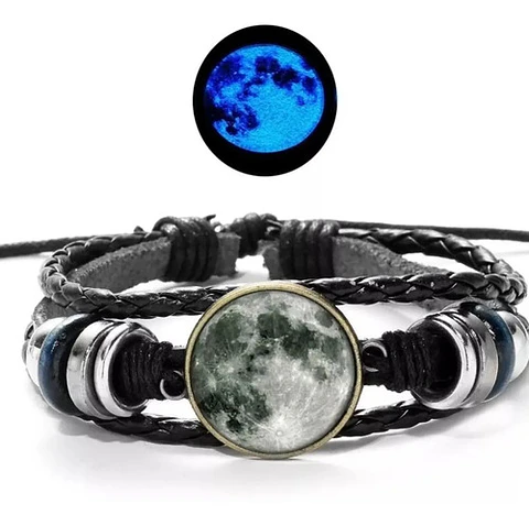 Pulsera Manilla Cuero Luna Brilla En La Oscuridad Hombre Muj