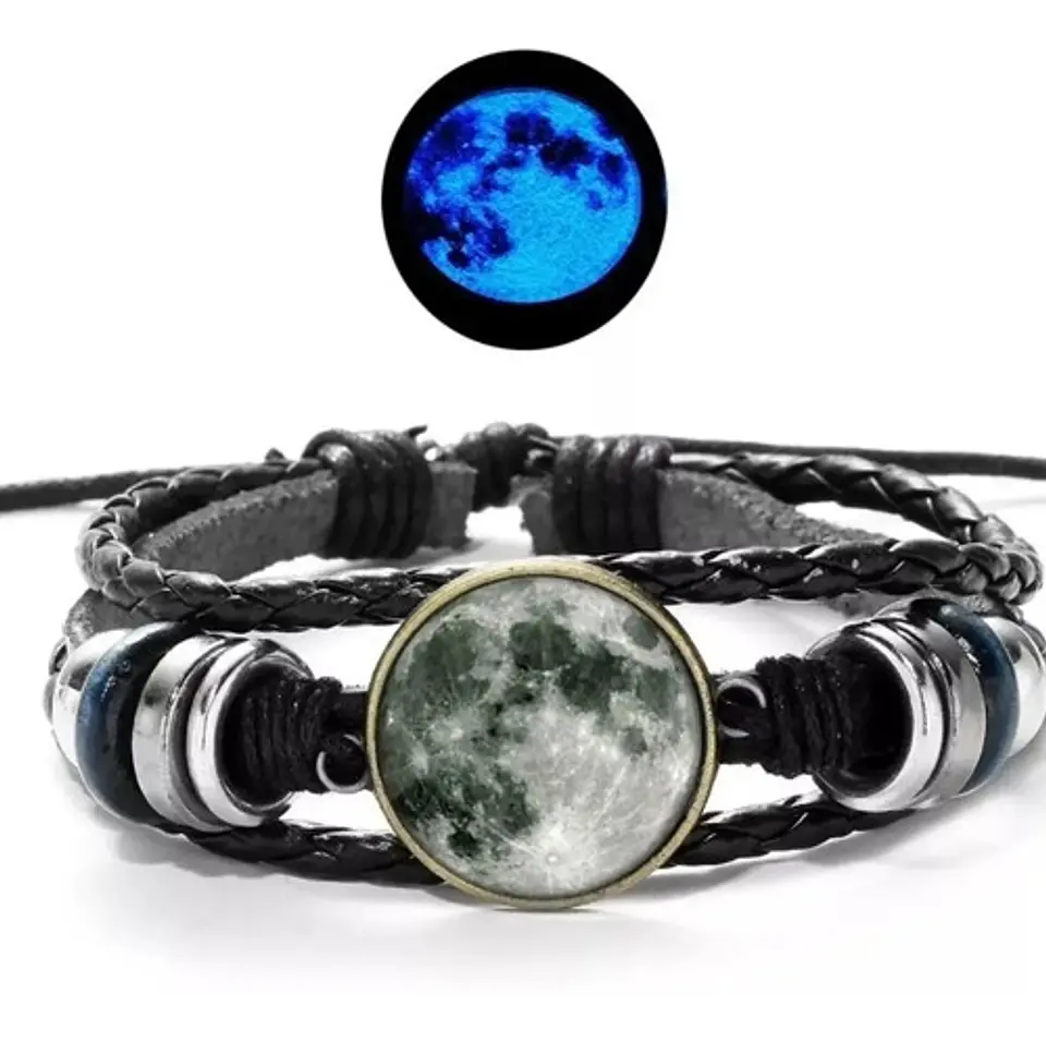 Pulsera Manilla Cuero Luna Brilla En La Oscuridad Hombre Muj 1