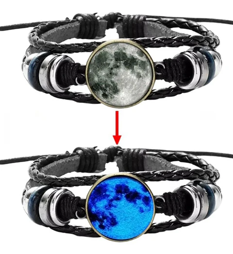 Pulsera Manilla Cuero Luna Brilla En La Oscuridad Hombre Muj