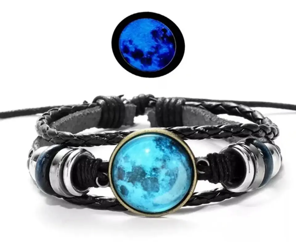 Pulsera Manilla Cuero Luna Brilla En La Oscuridad Hombre Muj 8