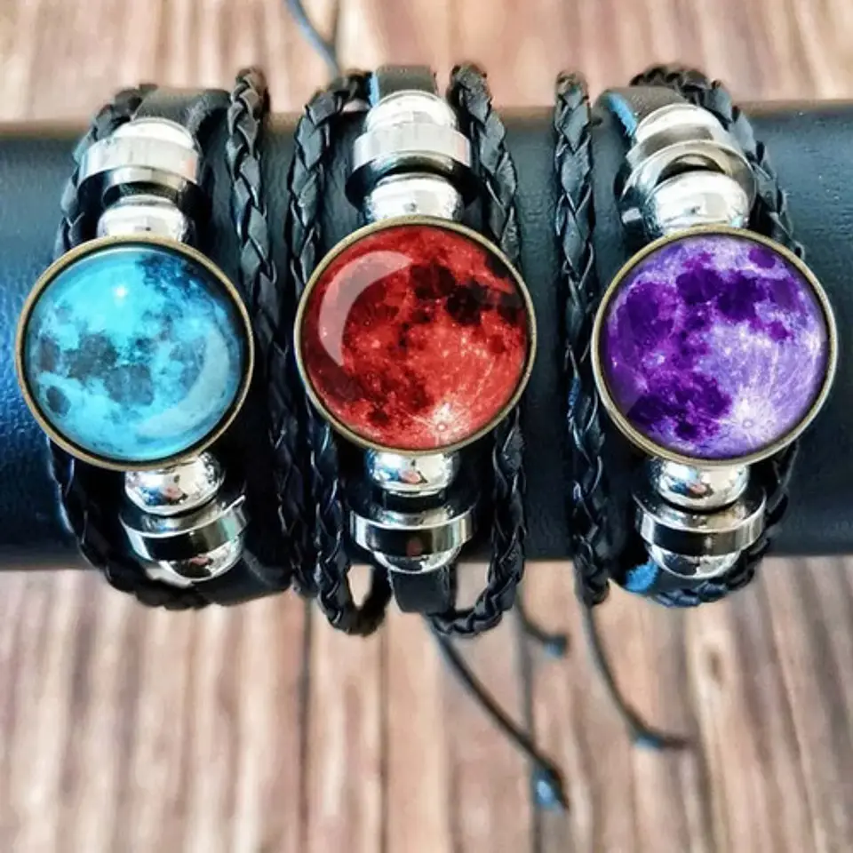 Pulsera Manilla Cuero Luna Brilla En La Oscuridad Hombre Muj 12