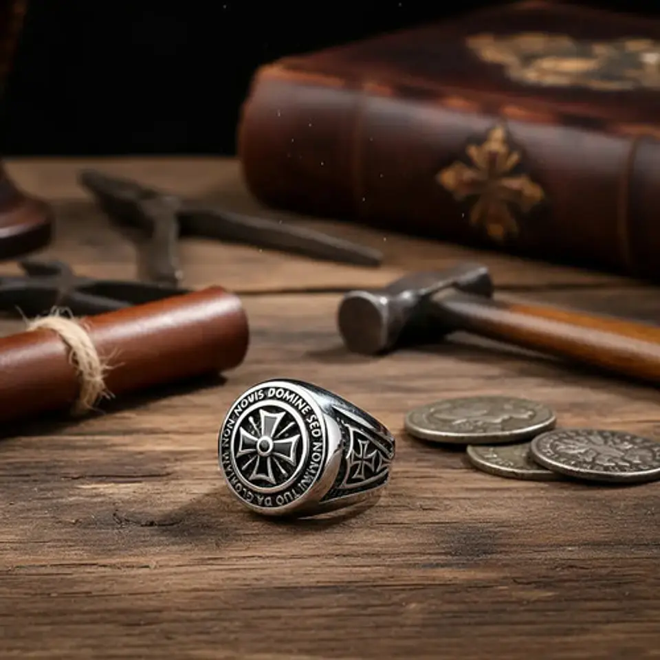 Anillo Acero Inoxidable Caballero Templario Masón Hombre  4