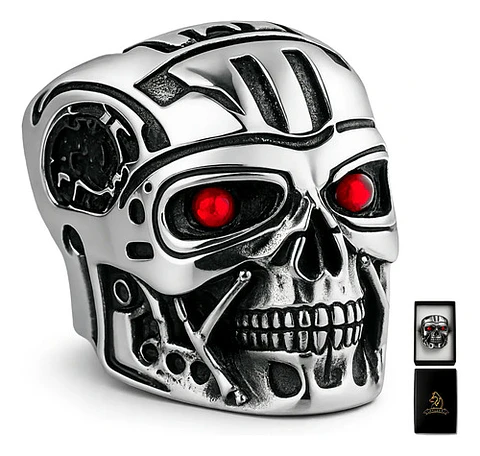 Anillo Acero Inoxidable Terminator Color Plata Cráneo Hombre