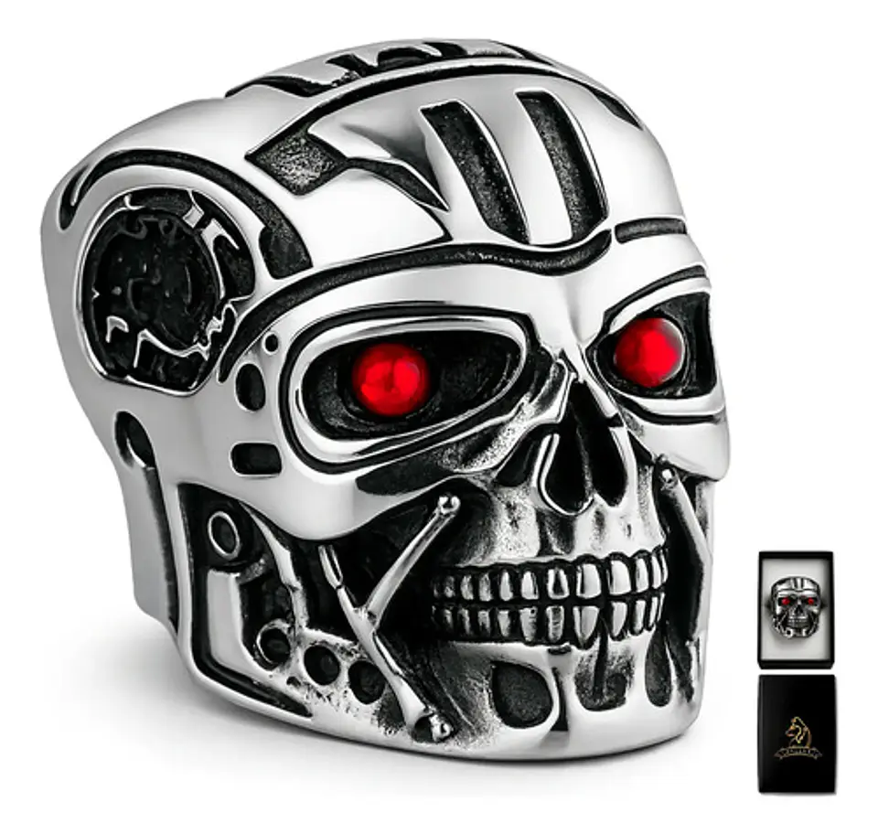 Anillo Acero Inoxidable Terminator Color Plata Cráneo Hombre 1