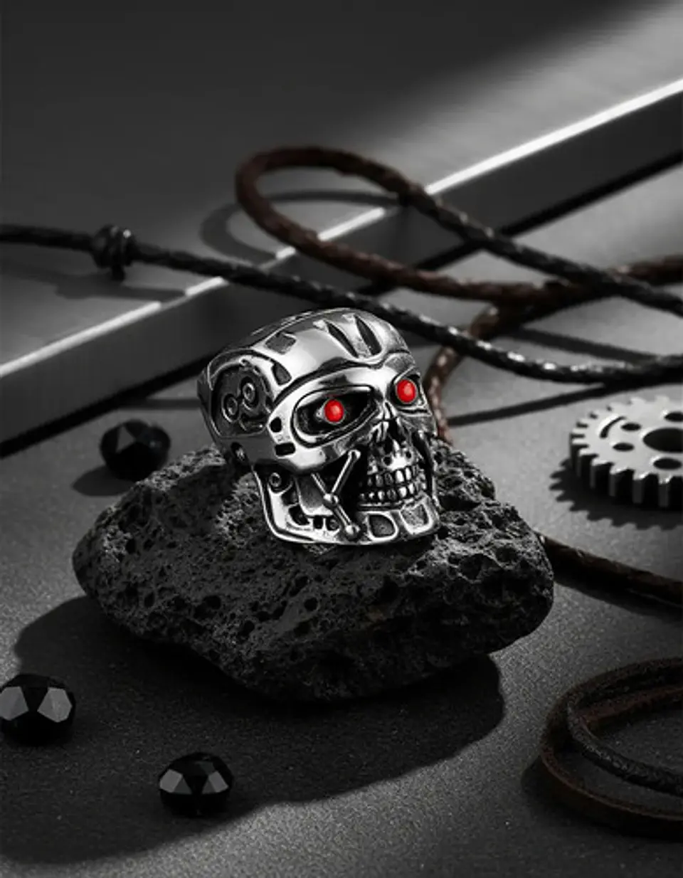 Anillo Acero Inoxidable Terminator Color Plata Cráneo Hombre 5