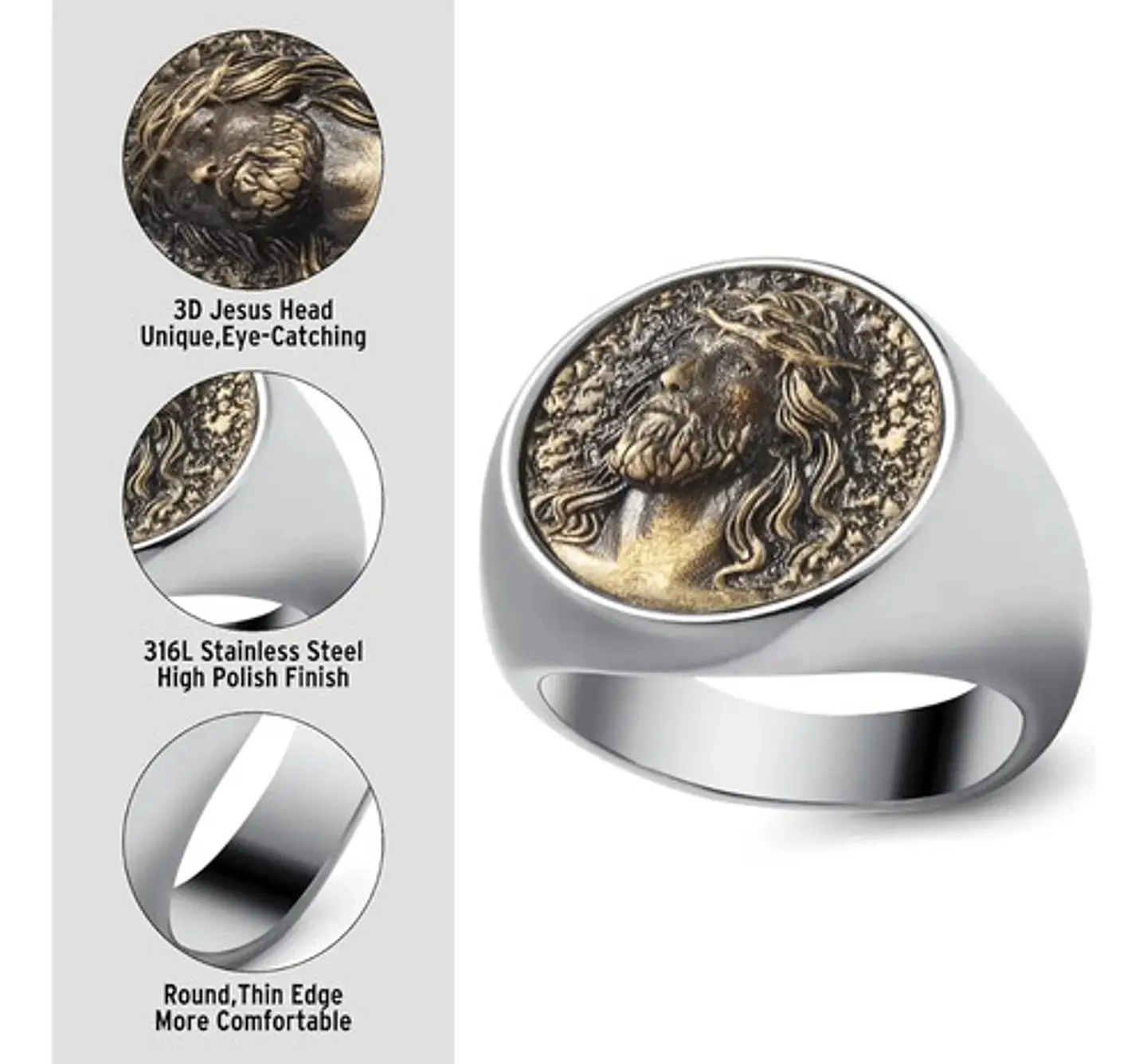 Anillo en acero para hombres forma rostro Jesús  3