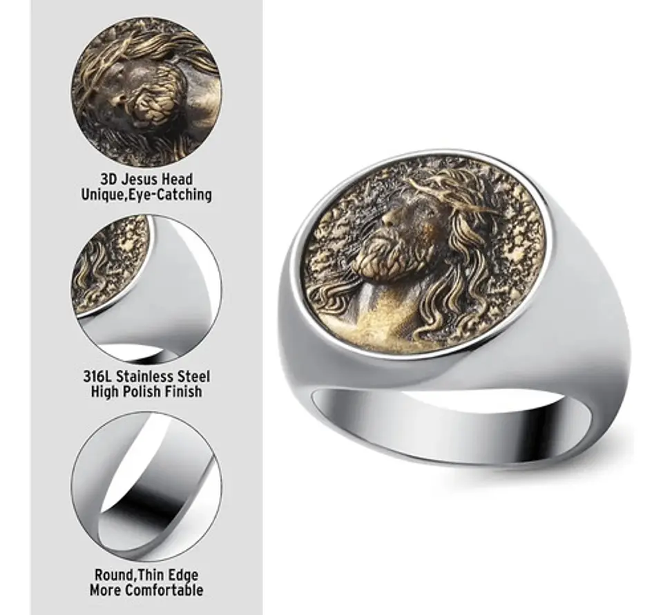 Anillo en acero para hombres forma rostro Jesús  3