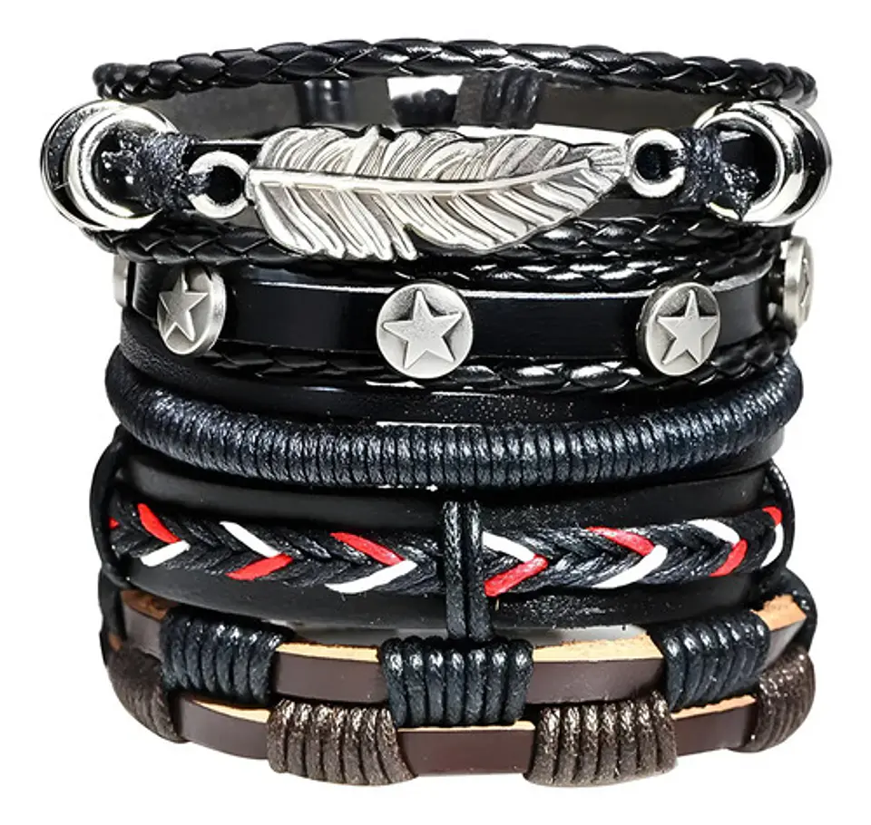 Set 5 Pulseras Hombre Mujer Manilla Brazalete De Cuero Pluma 1