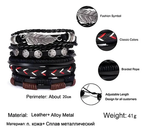 Set 5 Pulseras Hombre Mujer Manilla Brazalete De Cuero Pluma