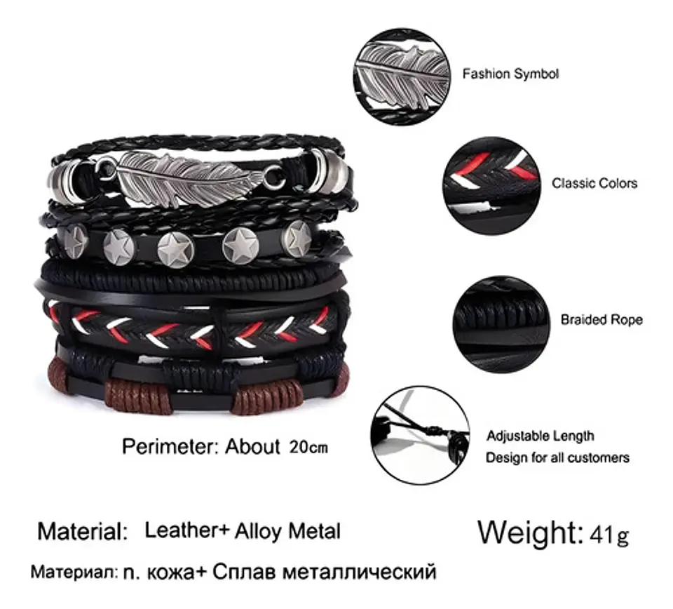 Set 5 Pulseras Hombre Mujer Manilla Brazalete De Cuero Pluma 2