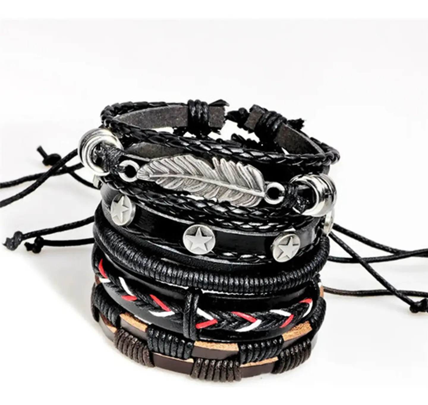 Set 5 Pulseras Hombre Mujer Manilla Brazalete De Cuero Pluma 3