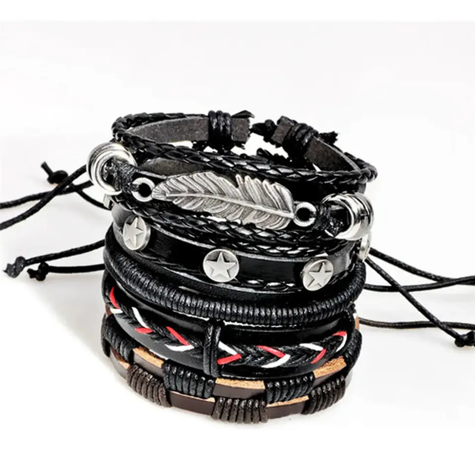 Set 5 Pulseras Hombre Mujer Manilla Brazalete De Cuero Pluma 3