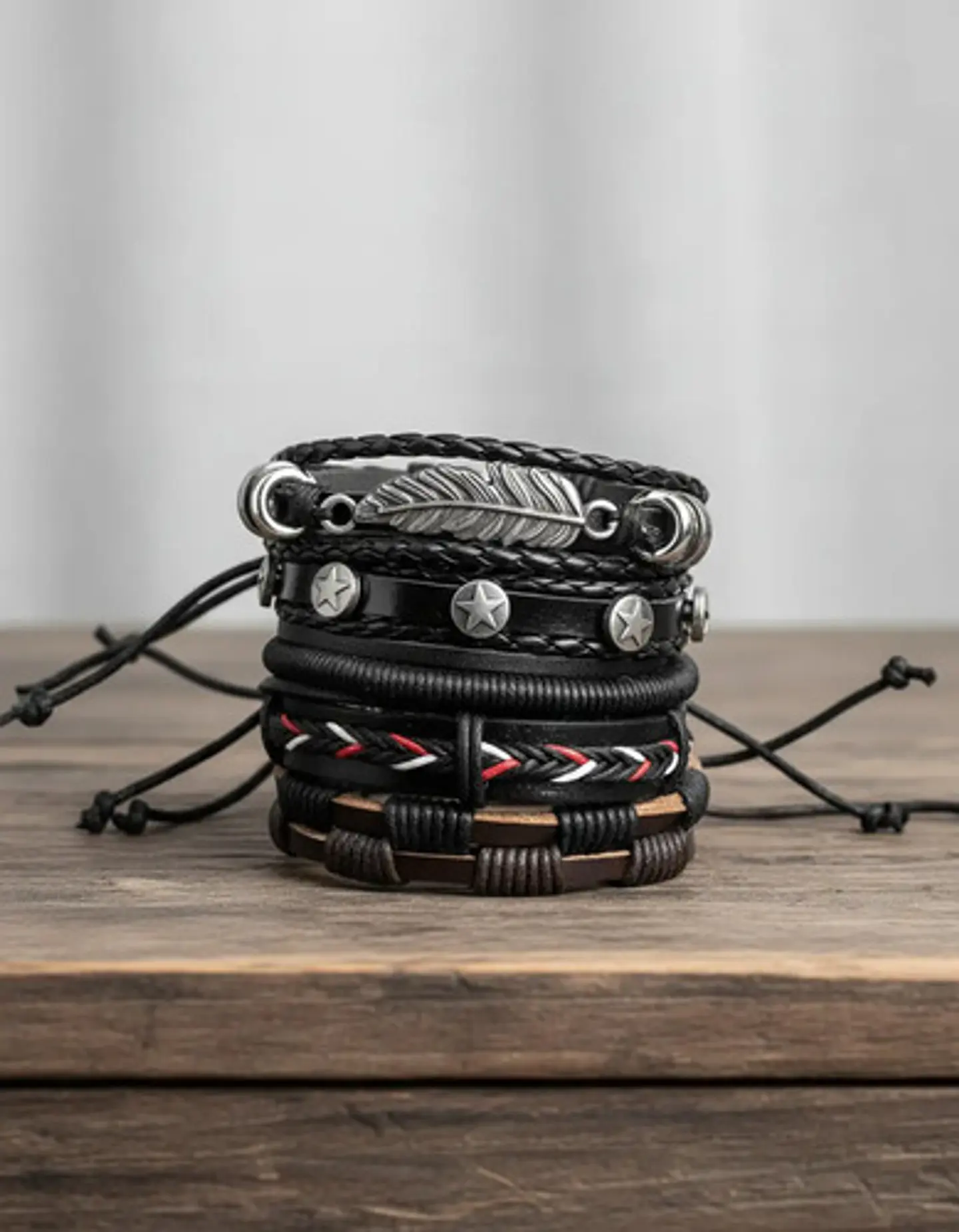 Set 5 Pulseras Hombre Mujer Manilla Brazalete De Cuero Pluma 4