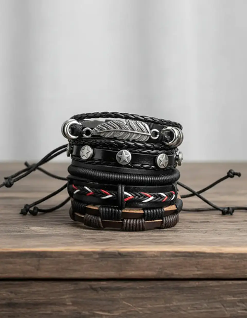 Set 5 Pulseras Hombre Mujer Manilla Brazalete De Cuero Pluma 4