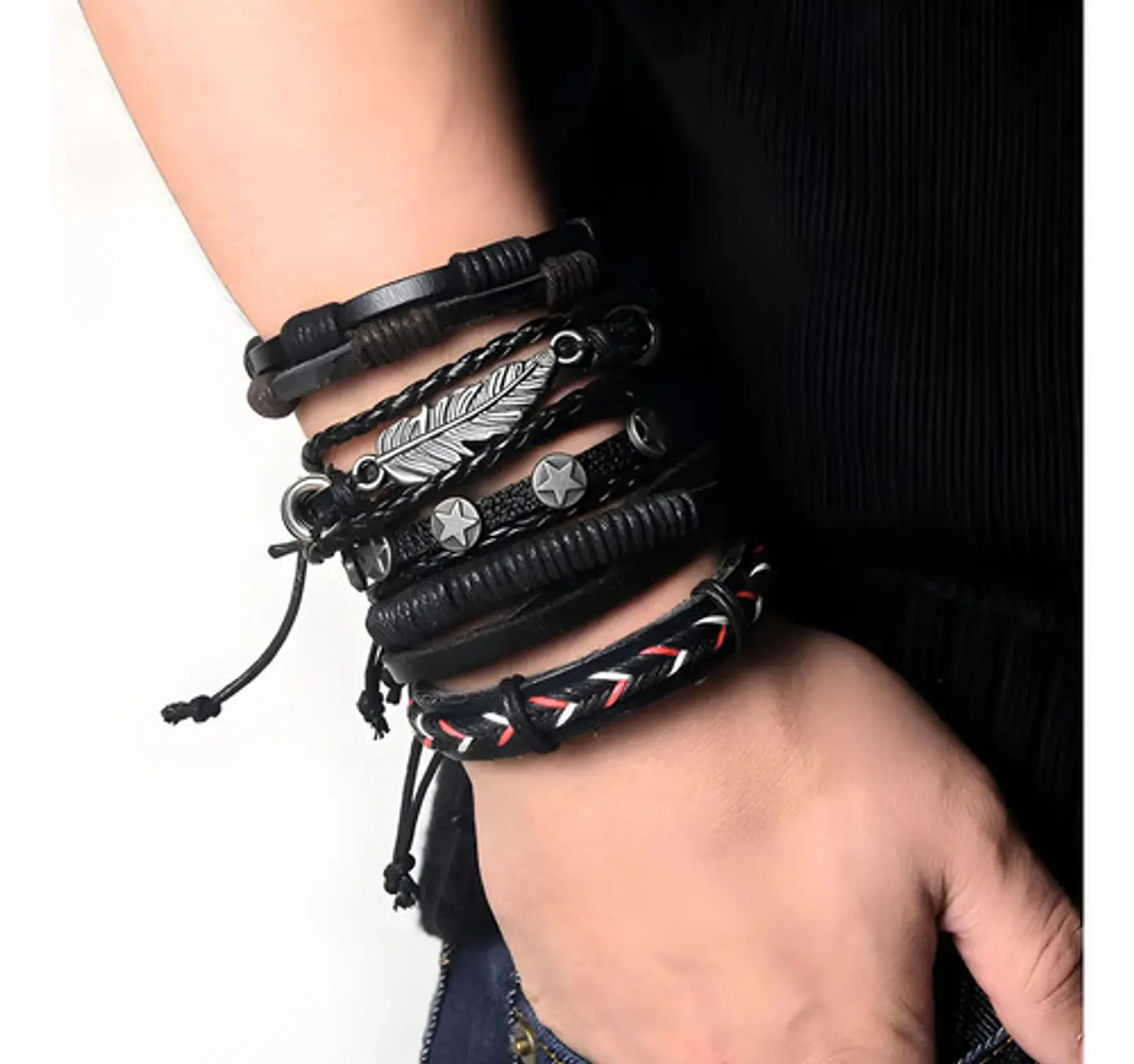 Set 5 Pulseras Hombre Mujer Manilla Brazalete De Cuero Pluma 6